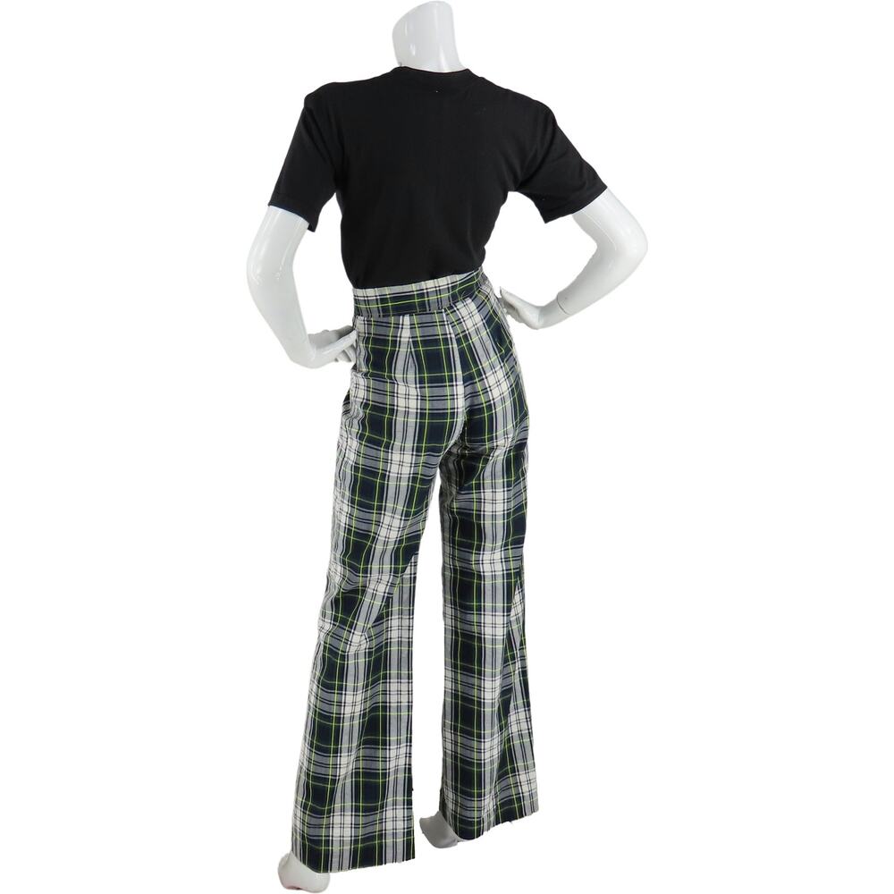 Vintage Bell Bottom Flare Rock Grunge Punk High Waisted Disco Green Plaid Pants - Picture 2 of 10
